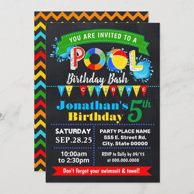 Pool birthday party summer bash chalkboard invitation (Front/Back)