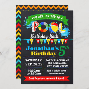Pool birthday party summer bash chalkboard invitation