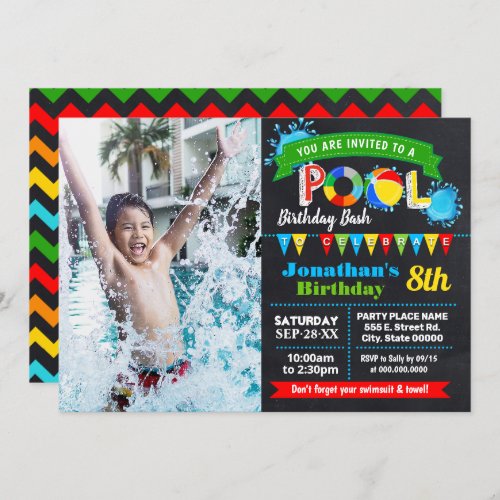 Pool birthday party summer bash chalkboard photo invitation