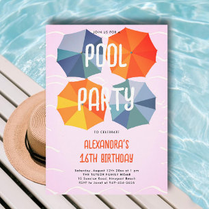 Pool Birthday Party Umbrellas Cool Pink Sweet 16 Invitation