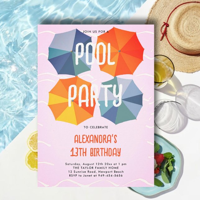 Pool Birthday Party Umbrellas Cool Pink Teen Tween Invitation (teen pool party invitations for girls tween thirteen pink teal aqua blue umbrellas cute modern cool)