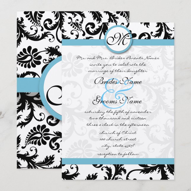 Pool Blue Damask Swirls Wedding Invitation 5 x 7 (Front/Back)
