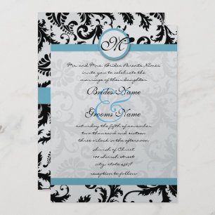 Pool Blue Damask Swirls Wedding Invitation 5 x 7