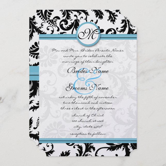 Pool Blue Damask Swirls Wedding Invitation 5 x 7 (Front/Back)
