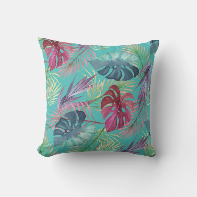 Pool Blue Tropical Jungle Botanical Pattern Outdoor Pillow (Front)