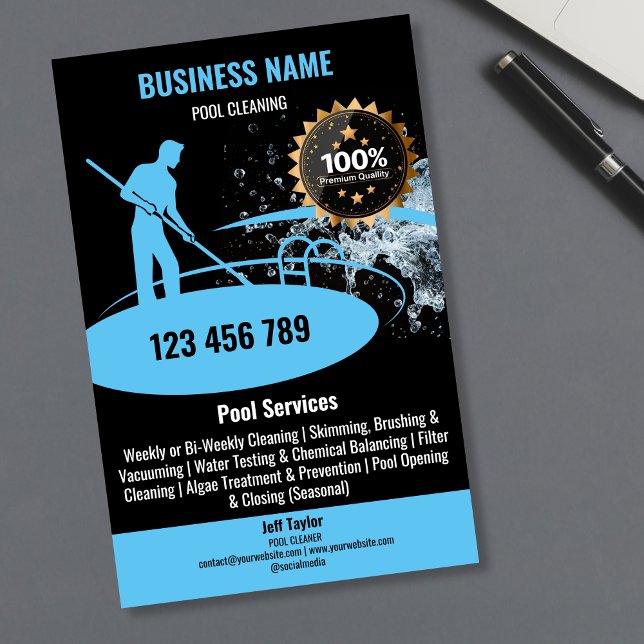 Pool Cleaning Services Pool Maintenance and Repair Flyer (pool guy logo, blue color)