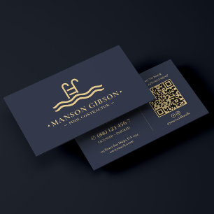 Pool Contractor Dark Navy Modern QR Code Business Card