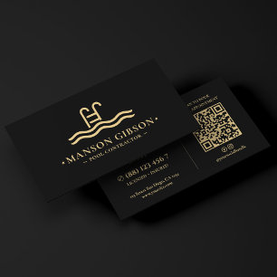 Pool Contractor Logo Black Modern QR Code Business Card