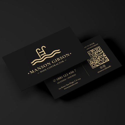 Pool Contractor Logo Black Modern QR Code Business Card