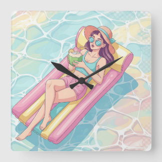 Pool Day Relaxing Girl Square Wall Clock