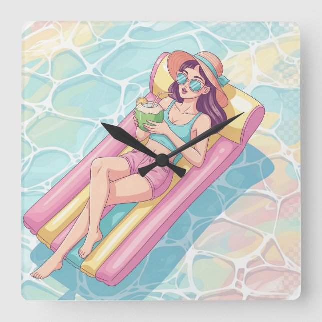 Pool Day Relaxing Girl Square Wall Clock (Front)
