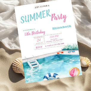 Pool Float Glasses Flowers Summer Birthday Party  Invitation
