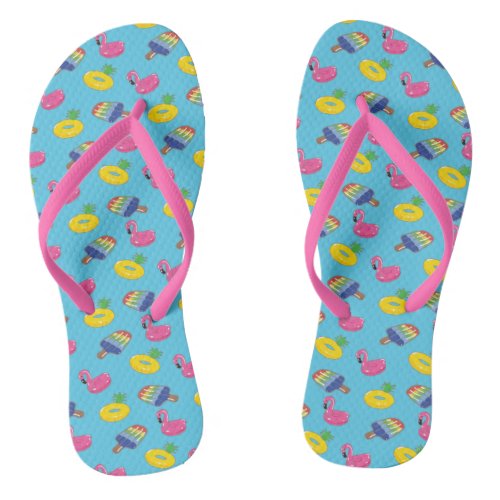 Pool Floats Patterned Bright Blue and Pink Summer Flip Flops