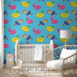 Pool Floats Patterned Bright Blue and Pink Summer Wallpaper<br><div class="desc">Decorate your pool house or add a summertime touch to your next craft project with this patterned peel and stick wallpaper. My illustrations of an assortment of inflatable pool floats in bright summery colors are set against a bright pool blue background.</div>