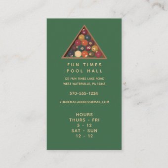 Pool Hall Billiards Business Card with Hours | Zazzle
