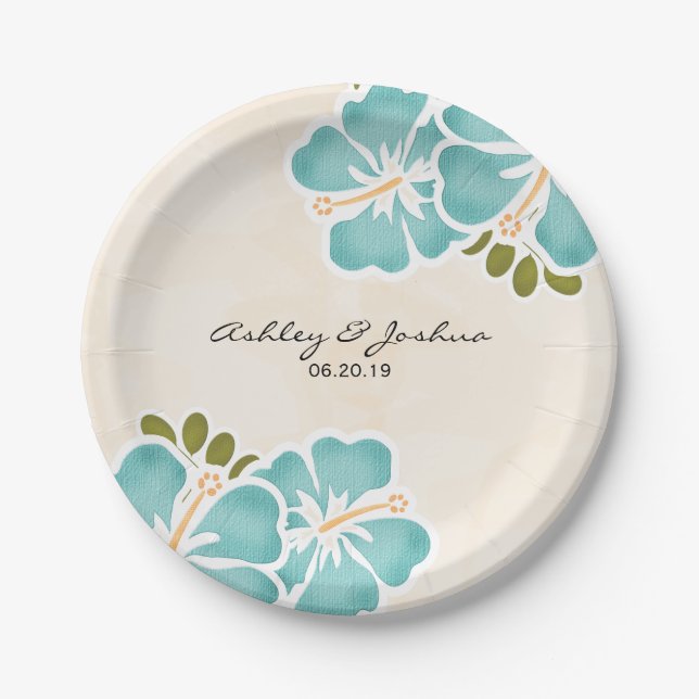 Pool Hibiscus Hawaiian Wedding Paper Plates (Front)