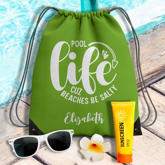 Pool Life Lime Green Drawstring Bag ("Pool life cuz beaches be salty" lime green light weight drawstring bag 14.5" W x 18" L)