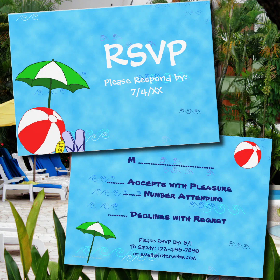 A front and back view of a coordinating pool party RSVP card set, photographed against a real outdoor pool setting with sun loungers and tropical greenery, both cards share a vivid blue background adorned with decorative wave swirls, a green and white striped beach umbrella, a classic red and white beach ball, and a pair of lilac flip flops with a small bottle of tanning oil.