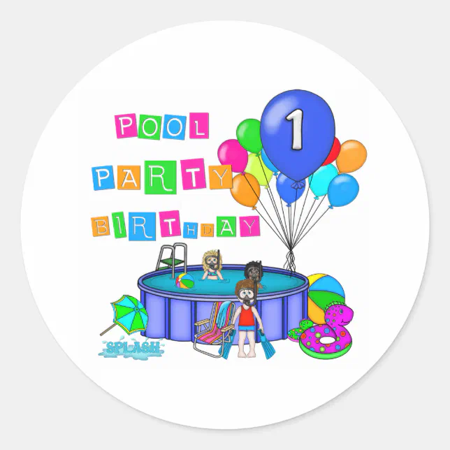 Pool Party 1st Birthday Classic Round Sticker | Zazzle