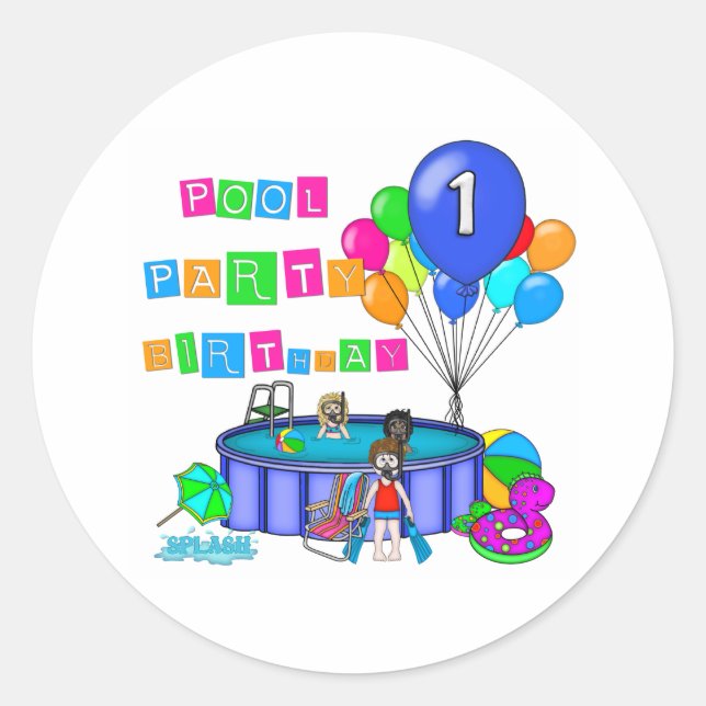 Pool Party 1st Birthday Classic Round Sticker (Front)