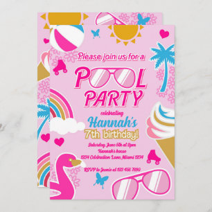 Pool Party 7th Birthday Girl Malibu Doll summer Invitation