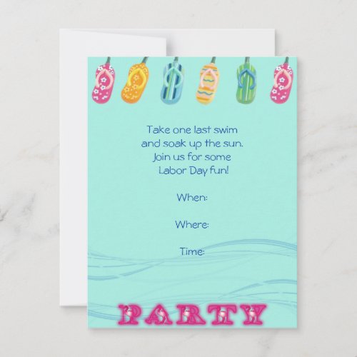 Pool Party and Flip Flops on Blue Wave Background Invitation