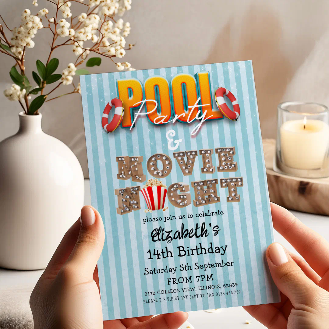 Pool party and movie night birthday invitation with marquee-style lettering, popcorn, and life ring details on a blue striped background.