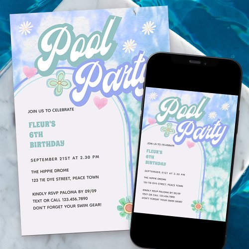Pool Party Any Age Pastel Tie Dye Birthday Invitation