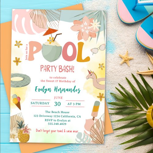 Pool Party Bash Birthday Party  Invitation