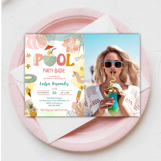Photo Party Invitations Pool Party Bash Birthday Party Photo Invitation | Zazzle