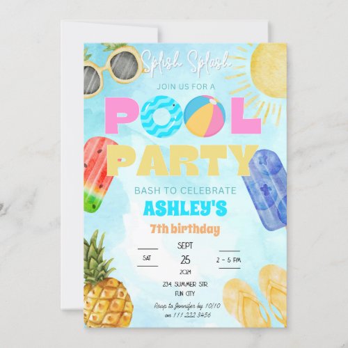 Pool Party Bash Kids Splish Splash Birthday Invitation
