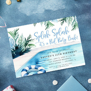 Pool Party Bash Summer boys birthday party Invitation