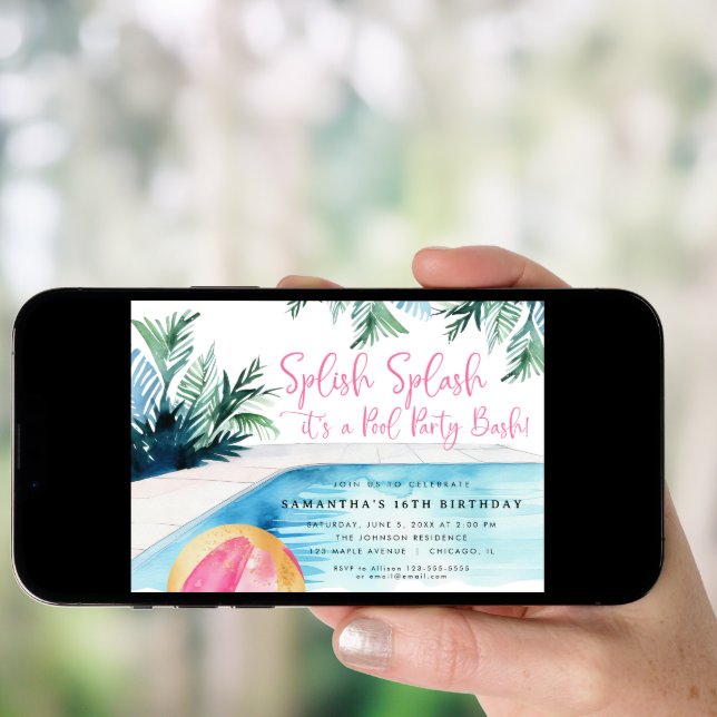 Pool Party Bash Summer girls pink birthday party Invitation (Front Digital)