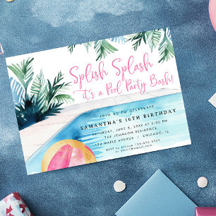 Pool Party Bash Summer girls pink birthday party Invitation
