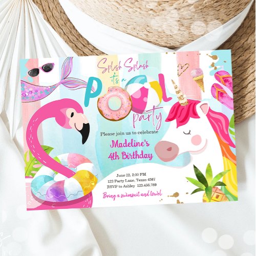Pool Party Bash Unicorn Mermaid Flamingo Birthday Invitation