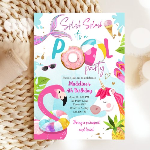 Pool Party Bash Unicorn Mermaid Flamingo Birthday Invitation