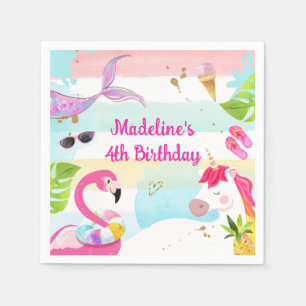 Pool Party Bash Unicorn Mermaid Flamingo Birthday Napkins