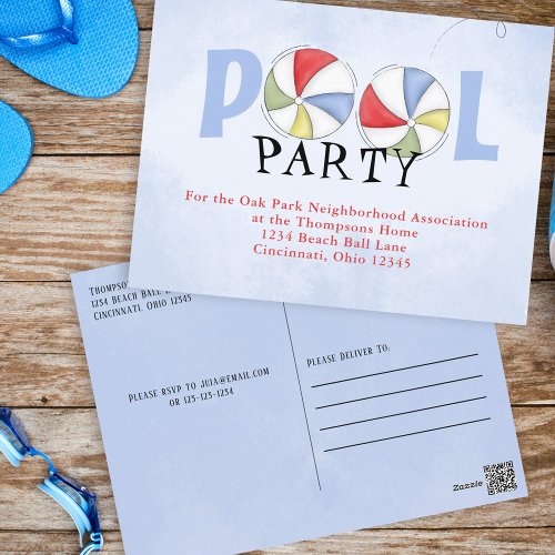 Pool Party Beach Balls Typography Summer Fun Postcard