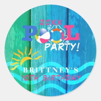 Pool Party Birthday Celebration Classic Round Sticker by chandraws at Zazzle