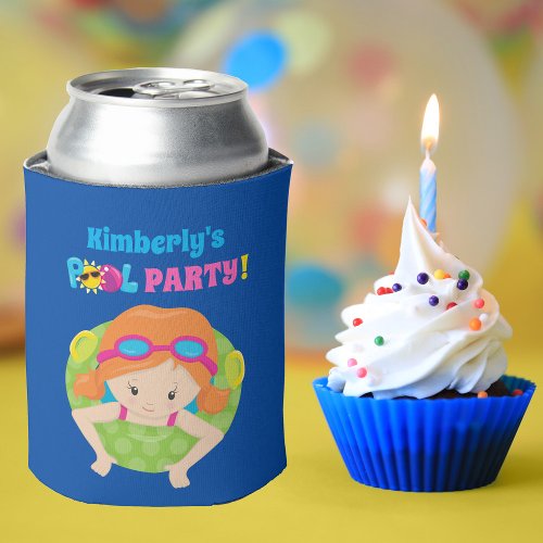 Pool Party Birthday Girl Cute Custom Blue Summer Can Cooler