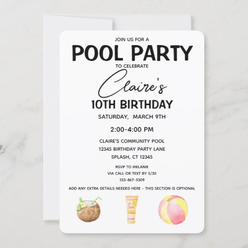 Pool Party Birthday Girl Party Invitation