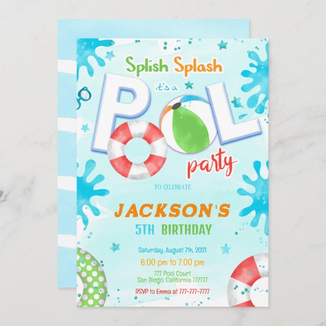 Pool Party Birthday Invitation (Front/Back)