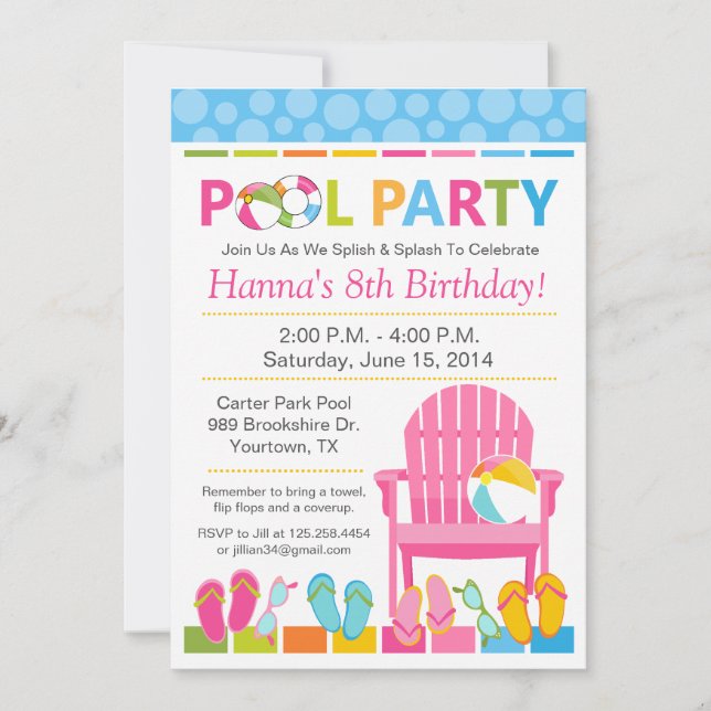 Pool Party Birthday Invitation and Swim Party (Front)