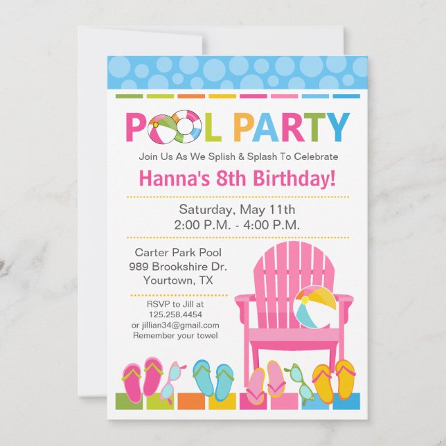 Pool Party Birthday Invitation and Swim Party (Front)