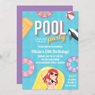 Pool Party Birthday Invitation Blue Purple