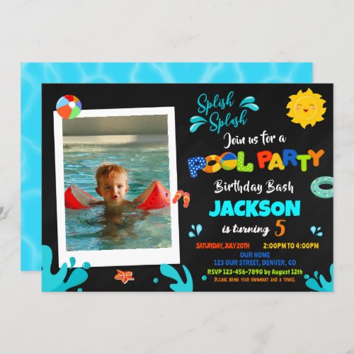 Pool party birthday invitation Boy photo summer