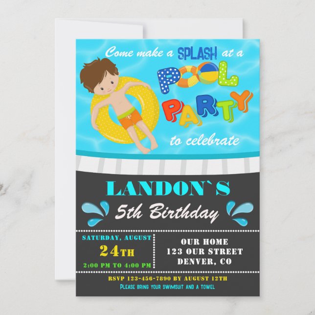 Pool party birthday invitation Boy pool invite (Front)
