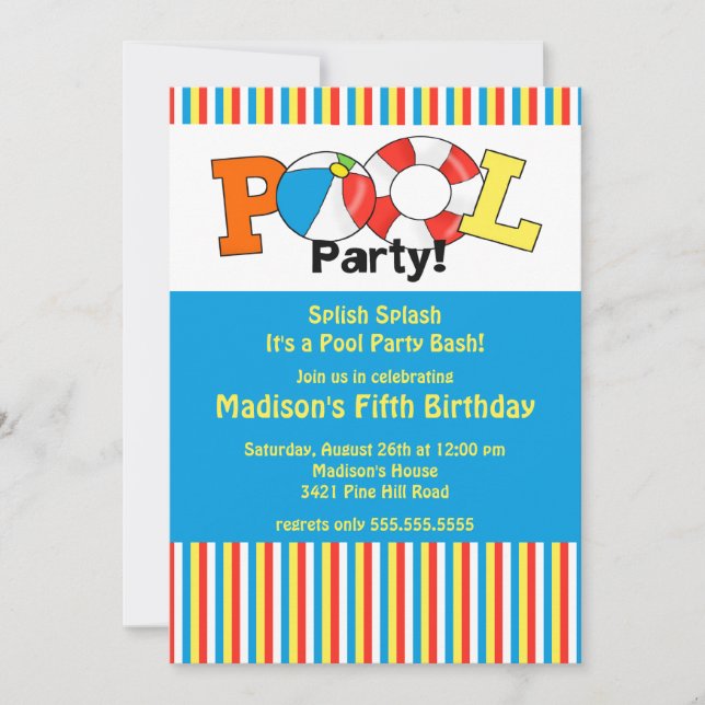 Pool Party Birthday Invitation Bright Stripes! (Front)