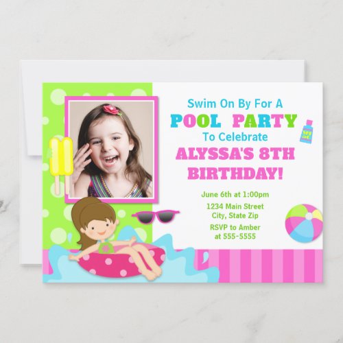Pool Party Birthday Invitation Brunette Girl
