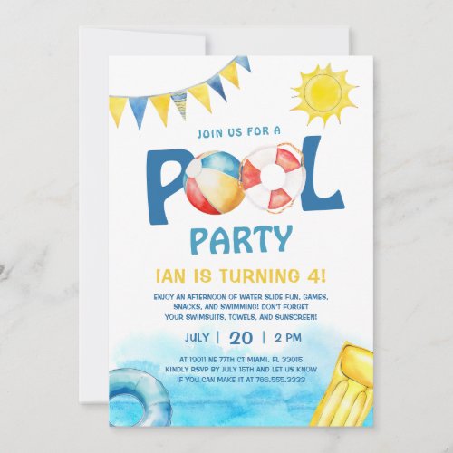 Pool Party Birthday Invitation Fun Splish Splash